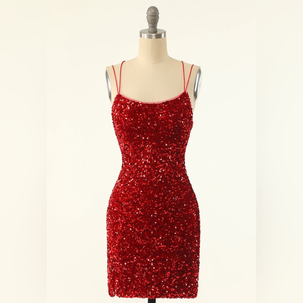 Red Sequin Backless Spaghetti Strap Mini Dress Si… - image 1
